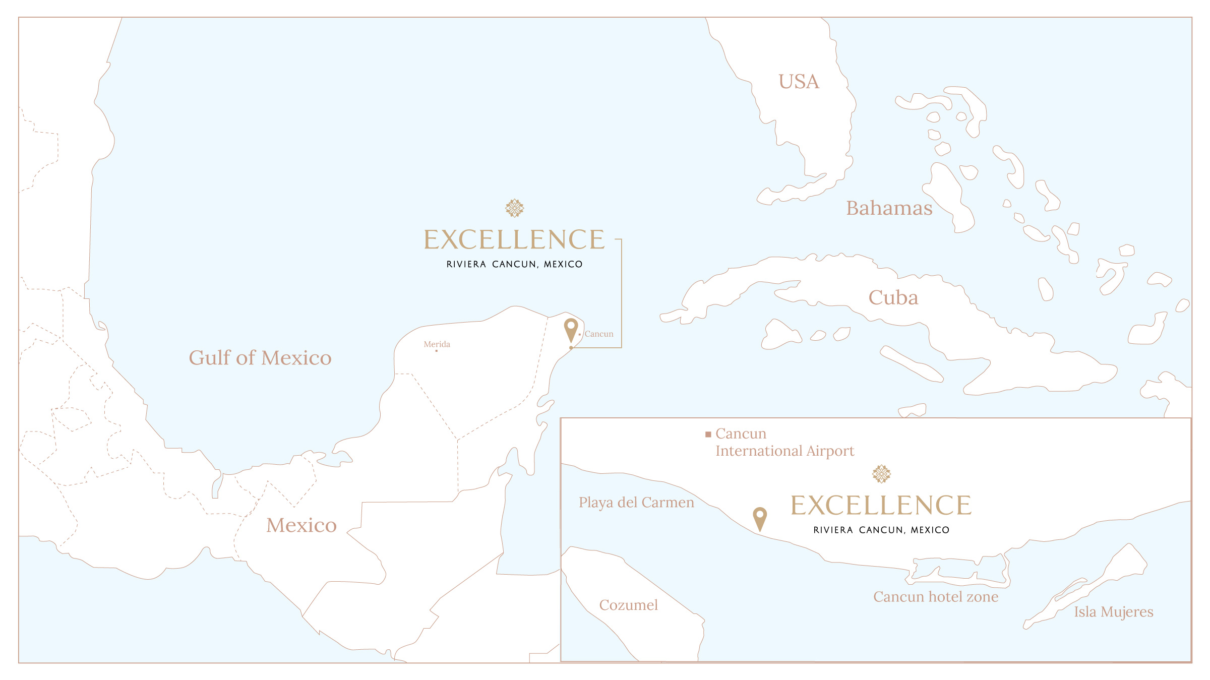 Map of Cancun and the location of Excellence Riviera Cancun